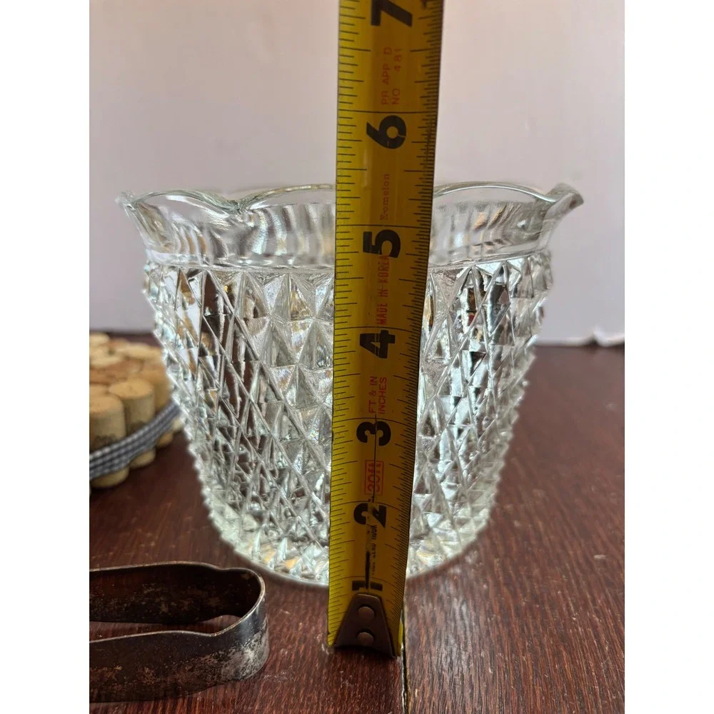 Vintage Diamond Point Pressed Glass Ice Bucket with Silver Tone Claw Tongs Set